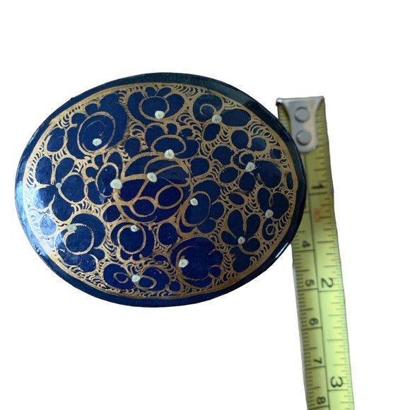 Vintage Oval Lacquer Trinket/Jewelry Box Blue Gold 2.5” - Picture 4 of 6